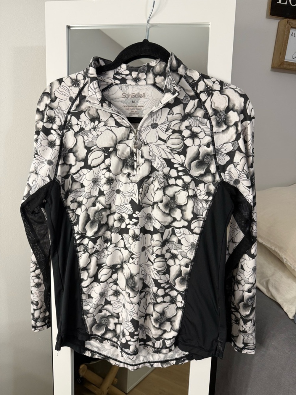 SAN SOLEIL 1/4 Zip Pullover Mock Neck Golf Top Floral Black/White size M UPF 50